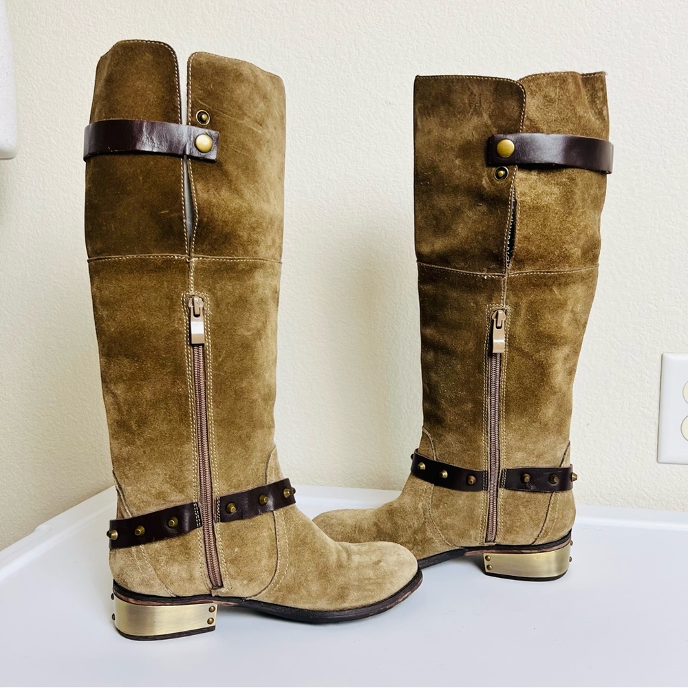 Very Volatile Suede Emperor Brown Gold Plated Knee High Zip Riding Boots - Picture 12 of 12
